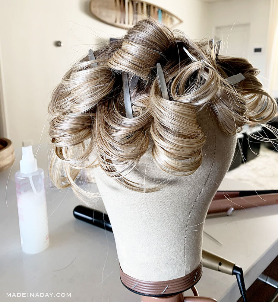 How to curl beach waves into a heat friendly wig, Curl a wig with a curling wand, pin curl waves in wig