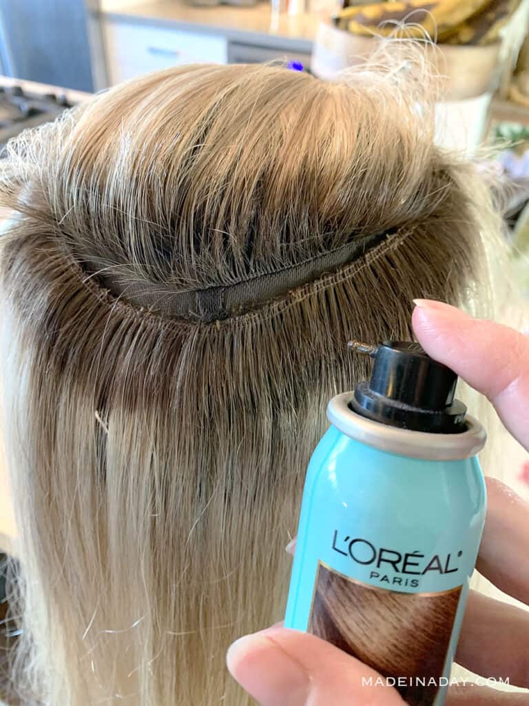 add roots to wefts with root spray, add loreal root spray to wig, add loral root spray to hair topper